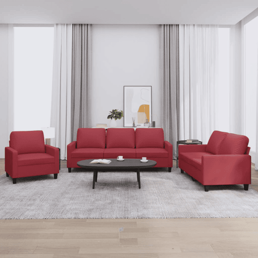 vidaXL 3 pcs conjunto sofás c almofadões couro artif. vermelho tinto