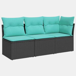 vidaXL Sofá de jardim 3 lugares com almofadões vime PE preto