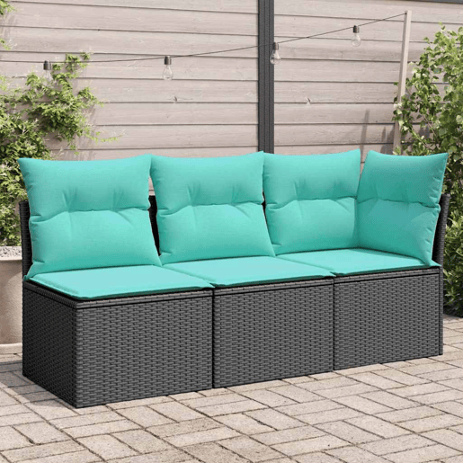 vidaXL Sofá de jardim 3 lugares com almofadões vime PE preto