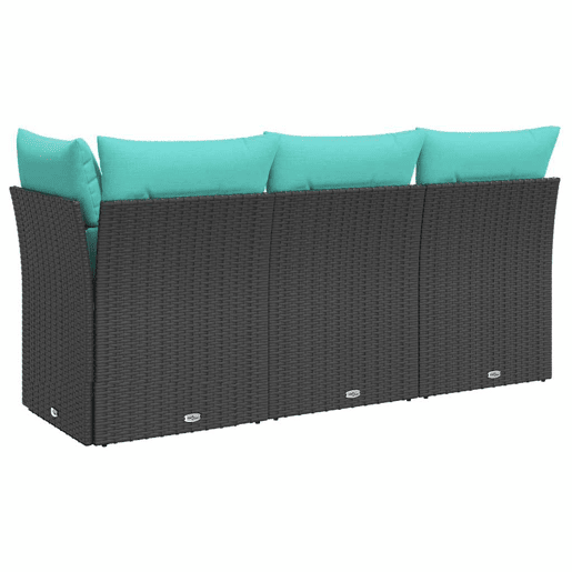 vidaXL Sofá de jardim 3 lugares com almofadões vime PE preto