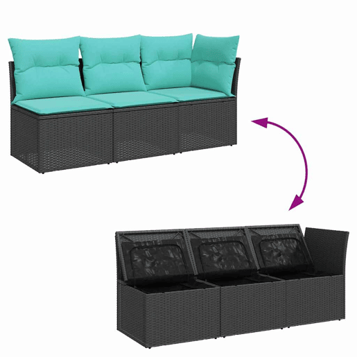 vidaXL Sofá de jardim 3 lugares com almofadões vime PE preto