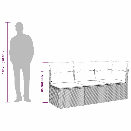 vidaXL Sofá de jardim 3 lugares com almofadões vime PE preto