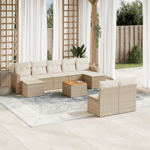 vidaXL 10 pcs conjunto de sofás p jardim com almofadões vime PE bege vidaXL 10 pcs conjunto de sofás p jardim com almofadões vime PE bege