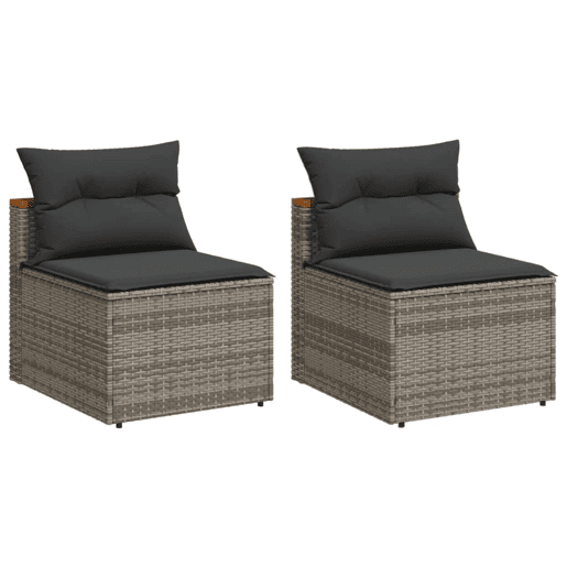 vidaXL Sofás de jardim sem braços com almofadões 2 pcs vime PE cinza vidaXL Sofás de jardim sem braços com almofadões 2 pcs vime PE cinza