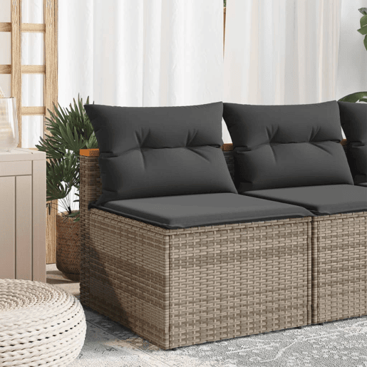 vidaXL Sofás de jardim sem braços com almofadões 2 pcs vime PE cinza vidaXL Sofás de jardim sem braços com almofadões 2 pcs vime PE cinza