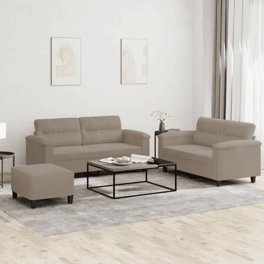 vidaXL 3 pcs conjunto sofás c almofadões microfibra cinza-acastanhado