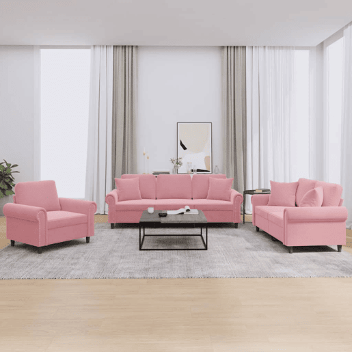 vidaXL 3 pcs conjunto de sofás com almofadas veludo rosa vidaXL 3 pcs conjunto de sofás com almofadas veludo rosa