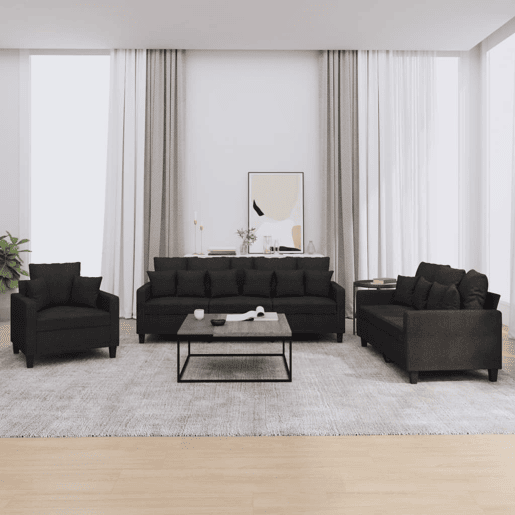 vidaXL 3 pcs conjunto de sofás com almofadas tecido preto