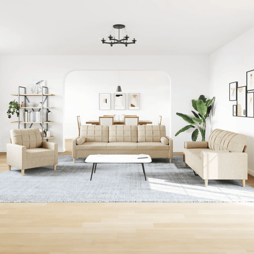 vidaXL 3pcs conjunto de sofás c almofadas decorativas tecido creme