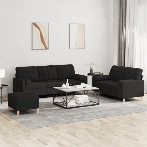 vidaXL 3 pcs conjunto de sofás com almofadas tecido preto