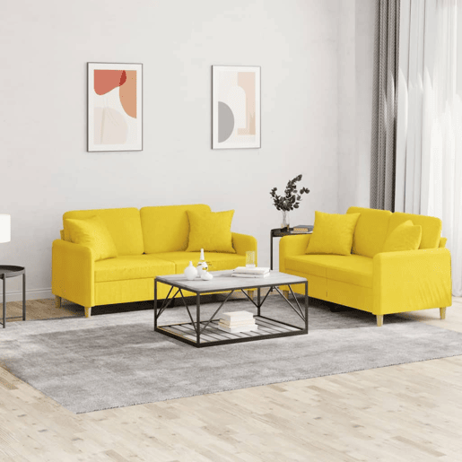 vidaXL 2 pcs conjunto de sofás com almofadas tecido amarelo-claro vidaXL 2 pcs conjunto de sofás com almofadas tecido amarelo-claro