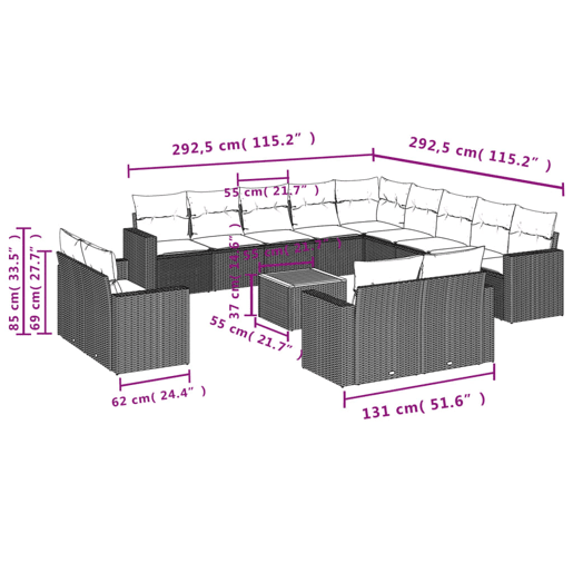 vidaXL 14 pcs conjunto de sofás p jardim com almofadões vime PE bege