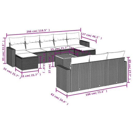 vidaXL 11 pcs conjunto sofás de jardim c almofadões vime PE cinzento