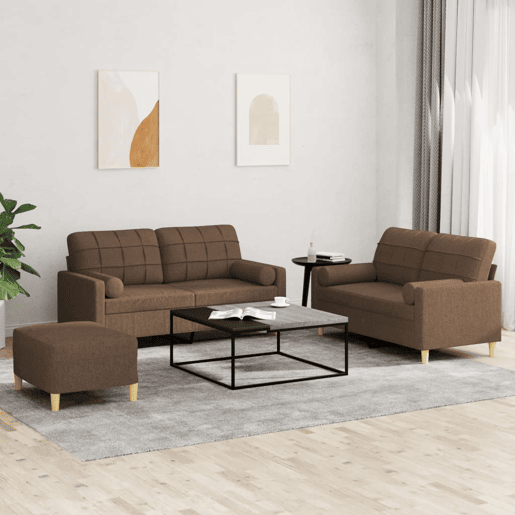 vidaXL 3 pcs conjunto de sofás com almofadas tecido castanho vidaXL 3 pcs conjunto de sofás com almofadas tecido castanho