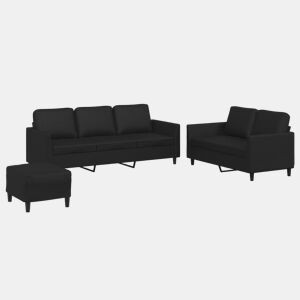 vidaXL 3 pcs conjunto de sofás com almofadões couro artificial preto