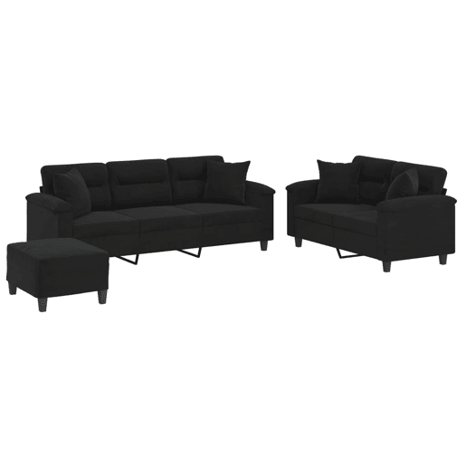 vidaXL 3 pcs conjunto sofás c almofadas tecido de microfibra preto vidaXL 3 pcs conjunto sofás c almofadas tecido de microfibra preto