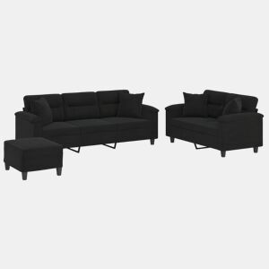 vidaXL 3 pcs conjunto sofás c almofadas tecido de microfibra preto