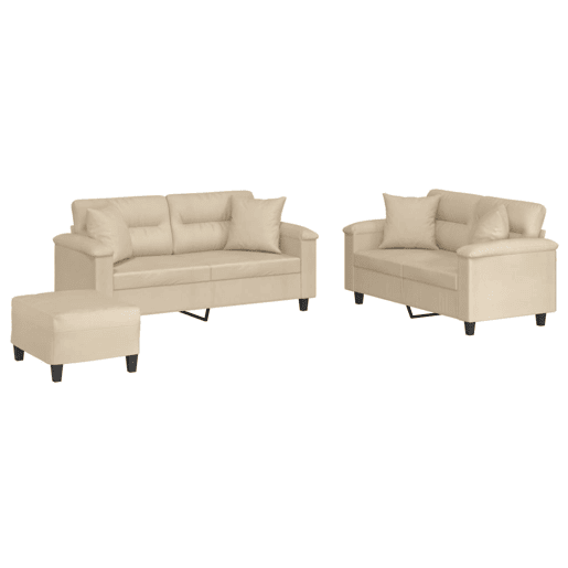 vidaXL 3 pcs conjunto sofás c almofadas tecido microfibra cor creme vidaXL 3 pcs conjunto sofás c almofadas tecido microfibra cor creme