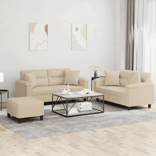 vidaXL 3 pcs conjunto sofás c almofadas tecido microfibra cor creme vidaXL 3 pcs conjunto sofás c almofadas tecido microfibra cor creme