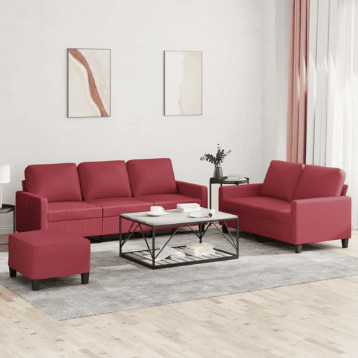 vidaXL 3 pcs conjunto sofás c almofadões couro artif. vermelho tinto vidaXL 3 pcs conjunto sofás c almofadões couro artif. vermelho tinto
