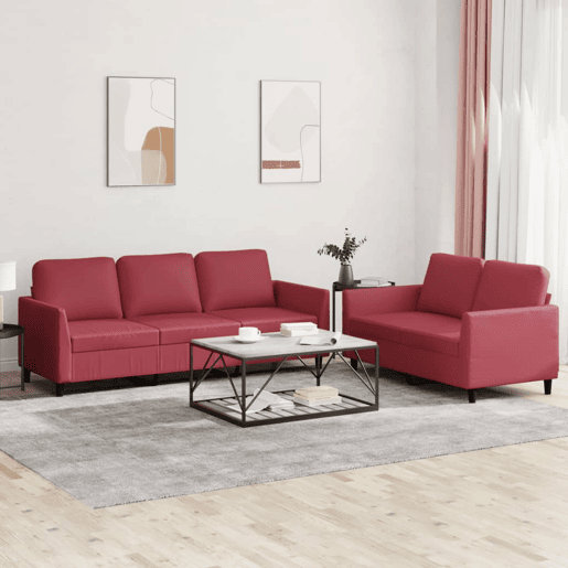 vidaXL 2 pcs conjunto sofás c almofadões couro artif. vermelho tinto