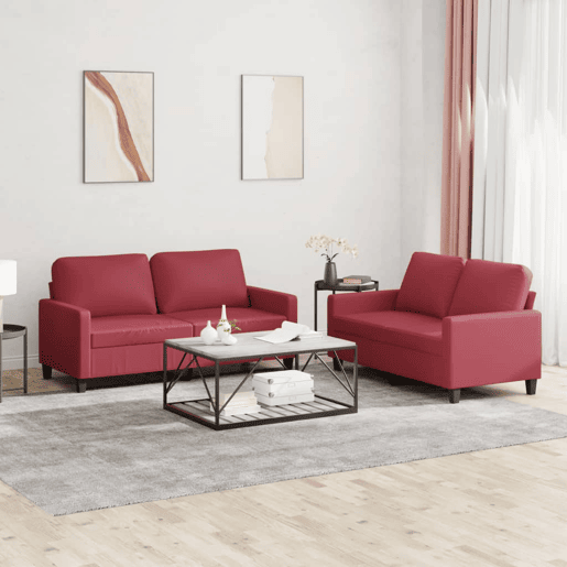 vidaXL 2 pcs conjunto sofás c almofadões couro artif. vermelho tinto