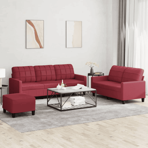 vidaXL 3 pcs conjunto sofás c almofadões couro artif. vermelho tinto vidaXL 3 pcs conjunto sofás c almofadões couro artif. vermelho tinto