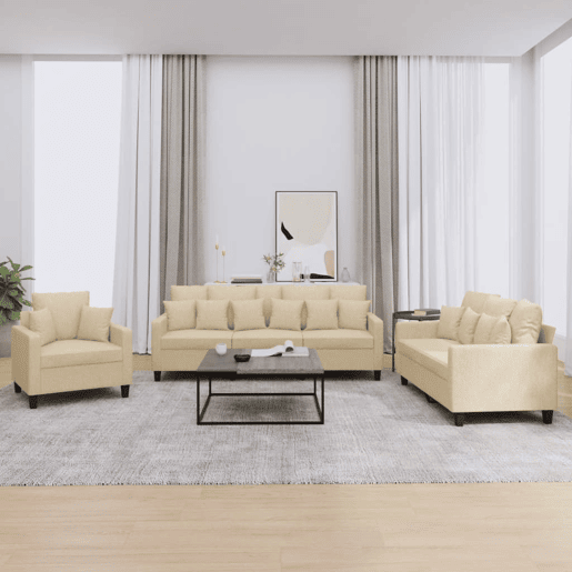 vidaXL 3 pcs conjunto de sofás com almofadas tecido cor creme