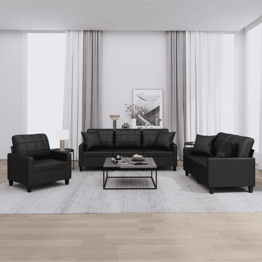 vidaXL 3 pcs conjunto de sofás com almofadas couro artificial preto