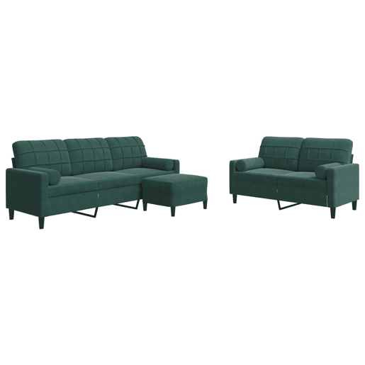 vidaXL 3 pcs conjunto sofás com almofadões e rolos veludo verde-escuro