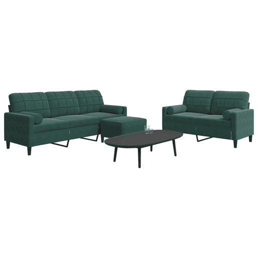 vidaXL 3 pcs conjunto sofás com almofadões e rolos veludo verde-escuro