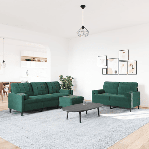 vidaXL 3 pcs conjunto sofás com almofadões e rolos veludo verde-escuro