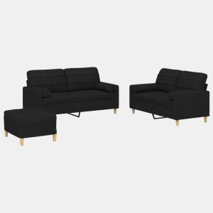 vidaXL 3 pcs conjunto de sofás com almofadas tecido preto