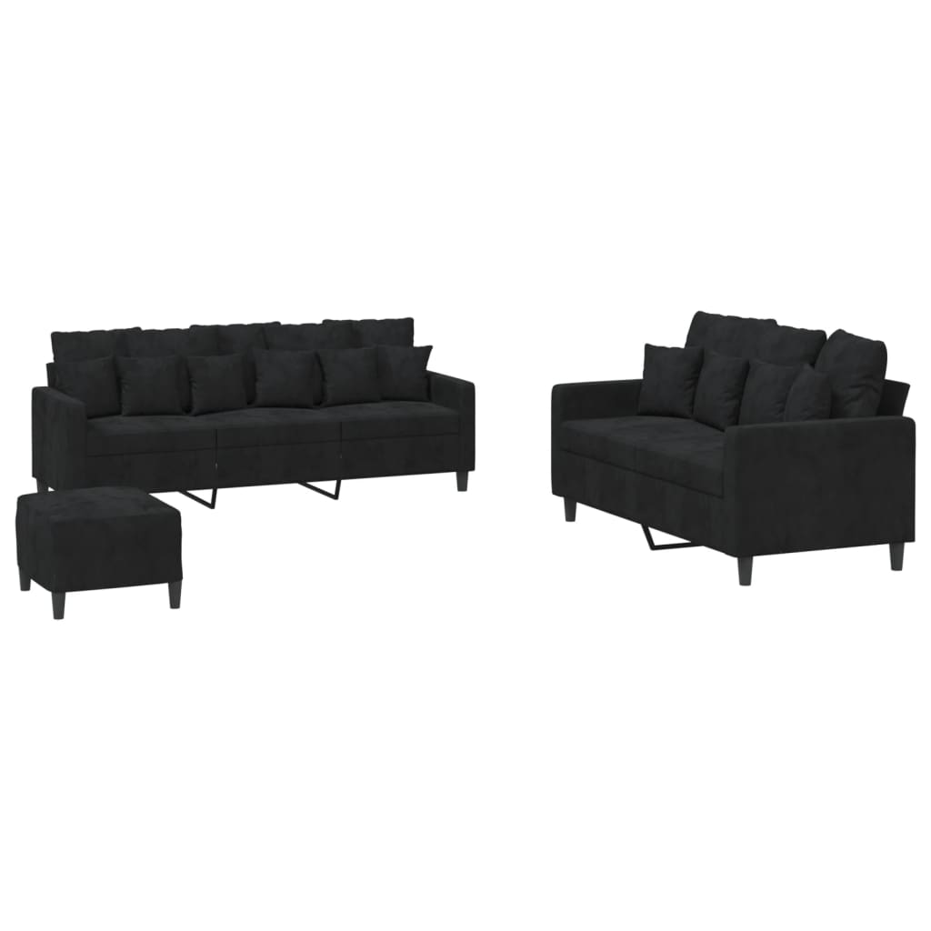 Vidaxl juego de sofás con cojines 3 piezas terciopelo negro