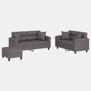 vidaXL 3 pcs conjunto de sofás com almofadas couro artificial cinzento