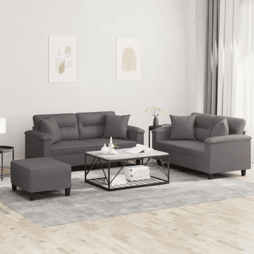 vidaXL 3 pcs conjunto de sofás com almofadas couro artificial cinzento vidaXL 3 pcs conjunto de sofás com almofadas couro artificial cinzento