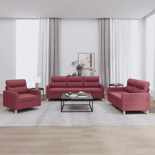 vidaXL 3 pcs conjunto de sofás com almofadões tecido vermelho tinto