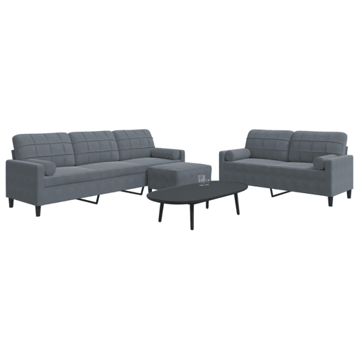 vidaXL 3 pcs conjunto sofás com almofadões e rolos veludo cinza-escuro