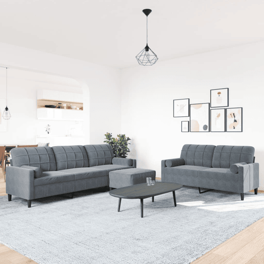 vidaXL 3 pcs conjunto sofás com almofadões e rolos veludo cinza-escuro