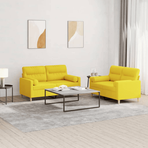 vidaXL 2 pcs conjunto de sofás com almofadas tecido amarelo-claro vidaXL 2 pcs conjunto de sofás com almofadas tecido amarelo-claro