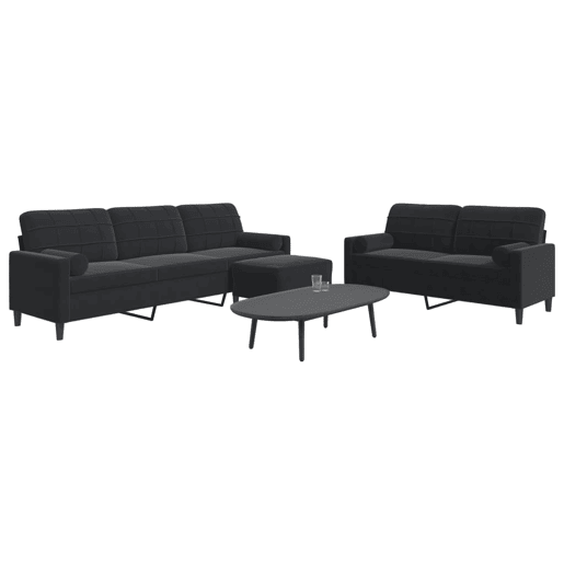 vidaXL 3 pcs conjunto de sofás com almofadões e rolos veludo preto