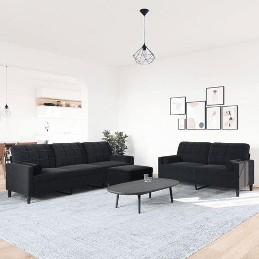 vidaXL 3 pcs conjunto de sofás com almofadões e rolos veludo preto