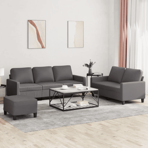vidaXL 3 pcs conjunto de sofás c almofadões couro artificial cinzento vidaXL 3 pcs conjunto de sofás c almofadões couro artificial cinzento