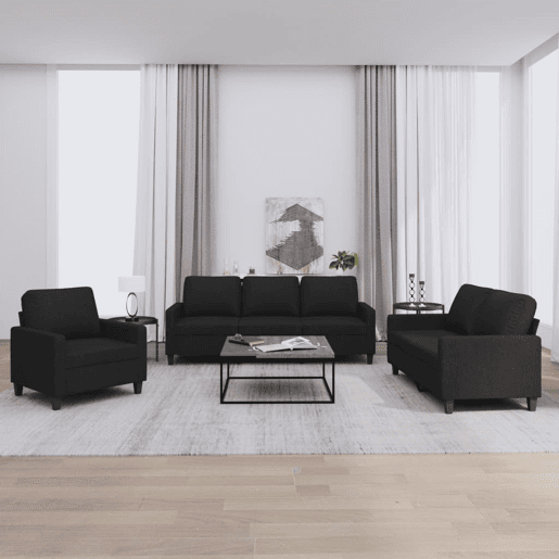 vidaXL 3 pcs conjunto de sofás com almofadões tecido preto vidaXL 3 pcs conjunto de sofás com almofadões tecido preto