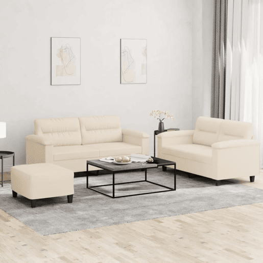 vidaXL 3 pcs conj. sofás c almofadões tecido de microfibra bege vidaXL 3 pcs conj. sofás c almofadões tecido de microfibra bege
