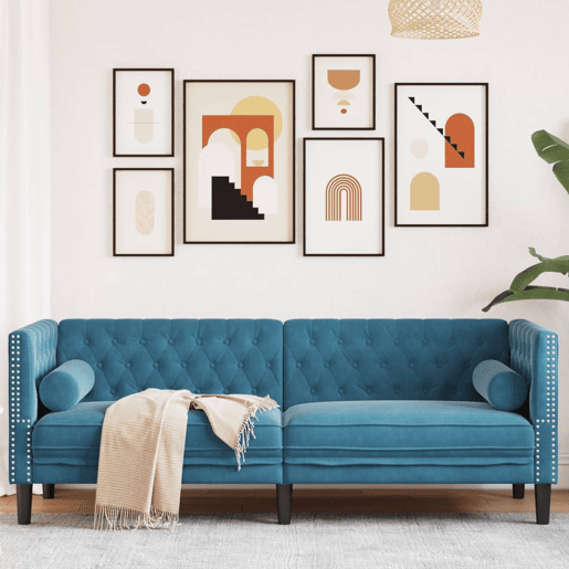 vidaXL Sofá chesterfield com rolos 3 lugares veludo preto
