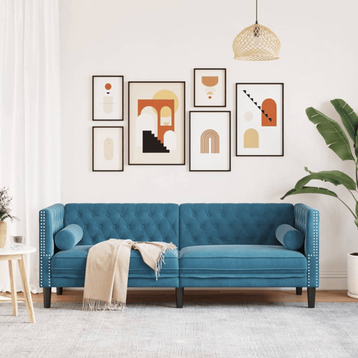 vidaXL Sofá chesterfield com rolos 3 lugares veludo preto