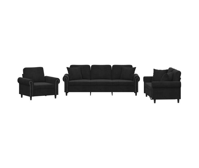 Vidaxl juego de sofás con cojines 3 piezas terciopelo negro