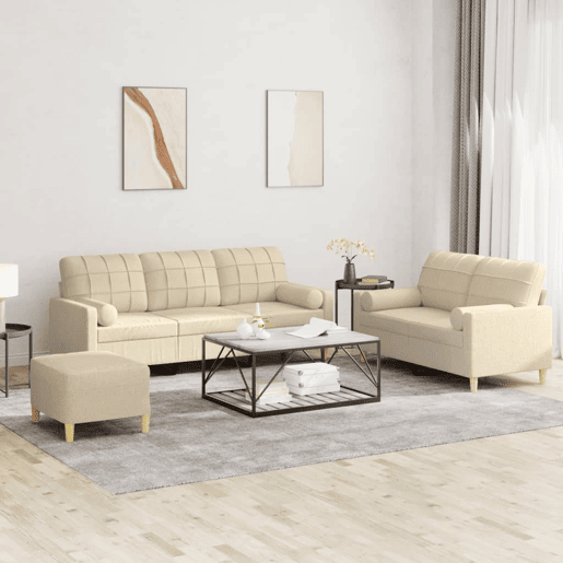 vidaXL 3 pcs conjunto de sofás com almofadas tecido cor creme