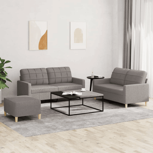 vidaXL 3 pcs conjunto de sofás com almofadões tecido cinza-acastanhado vidaXL 3 pcs conjunto de sofás com almofadões tecido cinza-acastanhado